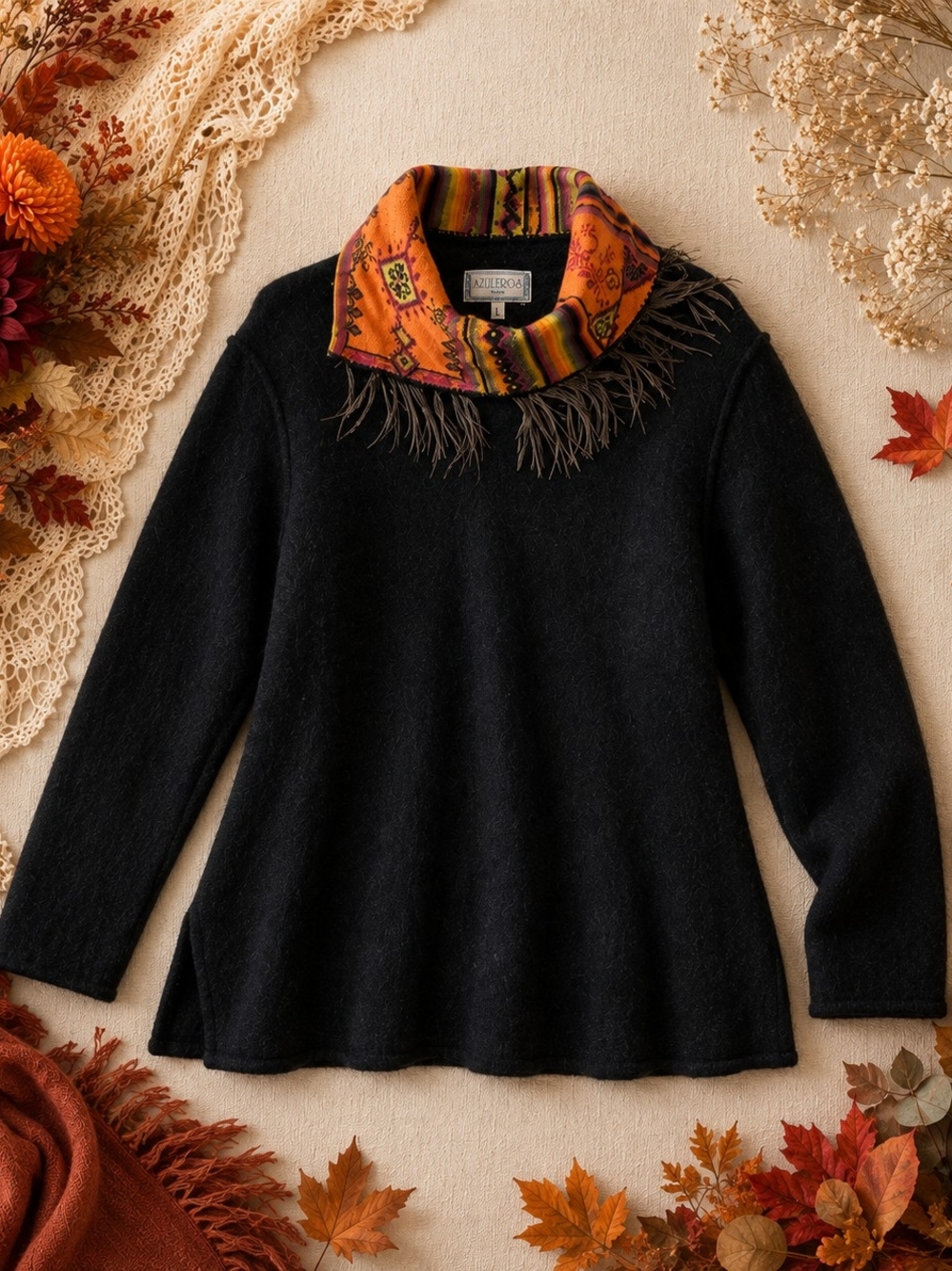 Vintage Azuleros France Wool Blend Boho Feather Collar Sweater L